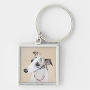 Pipettmålning - Cute Original Hund Art Fyrkantig Silverfärgad Nyckelring