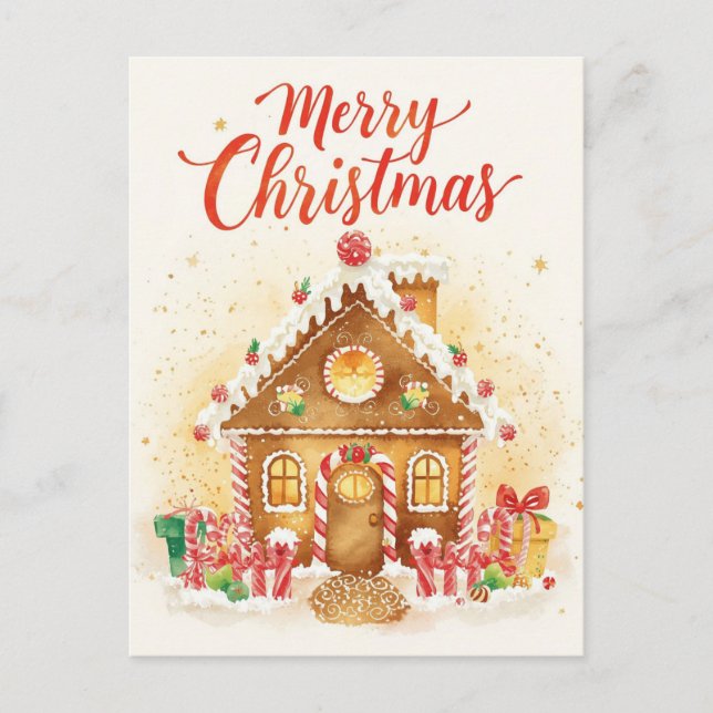 Pipig Gingerbreadshus i Vattenfärg Helg Vykort (Framsida)