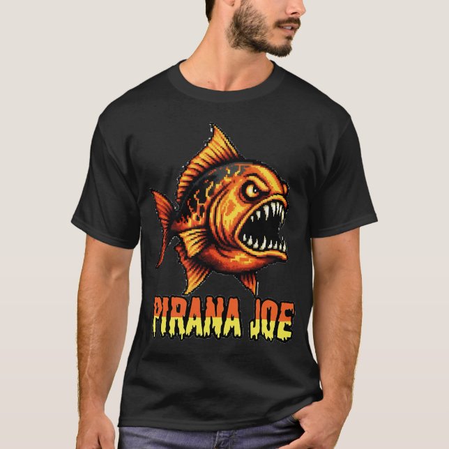 Pirana Joe – Retro Pixel Monsterfiskdesign T Shirt (Framsida)