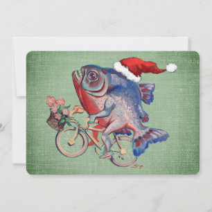 Piranha Ridande På En Cykel Med Santamössa Julkort