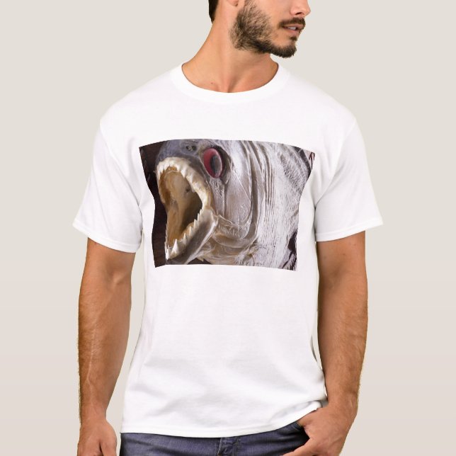 Piranhafisk, som trofén på trä isolerade tee shirt (Framsida)