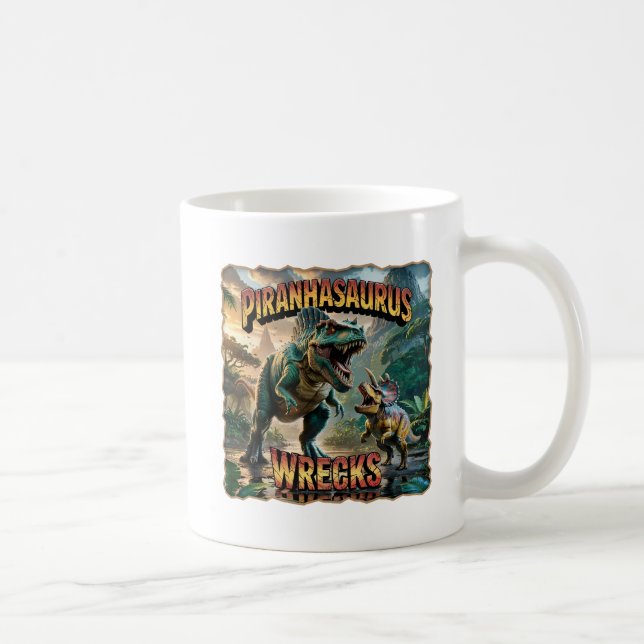 Piranhasaurus Wrecks Illustration – Funny Scary Kaffemugg (Höger)