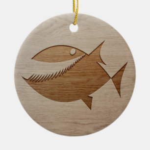 Piranhasilhouette som inristas på den wood julgransprydnad keramik