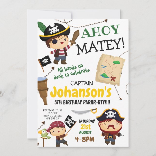 Pirat Ahoy Matey Boy Födelsedagsfest inbjudan (Framsida)