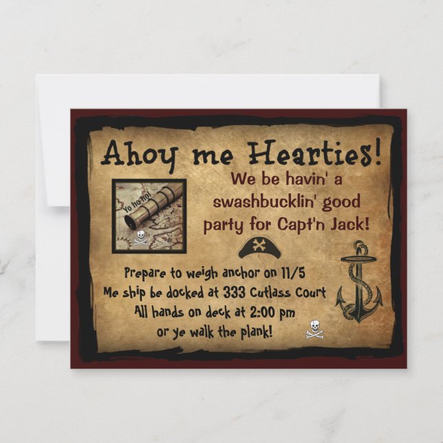 Pirat Ahoy mig Hearties! Partyinbjudan Inbjudningar (Framsida)