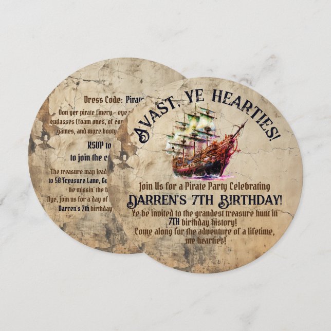 Pirat Äventyr Awaits | Temaparty för Frakt av Vint Inbjudningar (Fram/baksida)