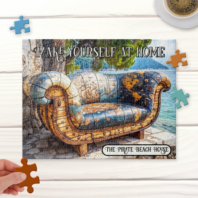 Pirat Bench vid Beach Puzzle Pussel (Puzzle featuring a whimsical illustration of a retro artistic bench with a world map on the beach)