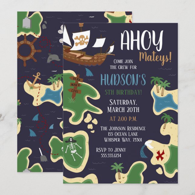 Pirat Birthday Treasure Karta Inbjudningar (Fram/baksida)