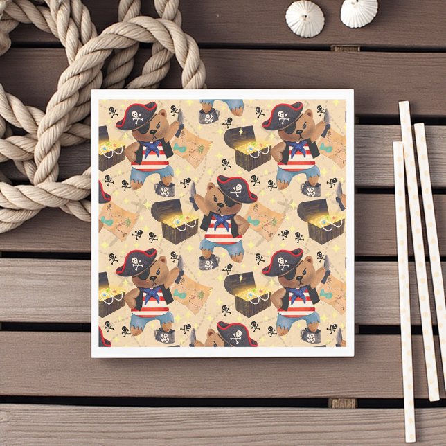 Pirat björn pappersservett (Adorable pirate bear napkin with maps and treasure chests, perfect for kids’ pirate party fun.)