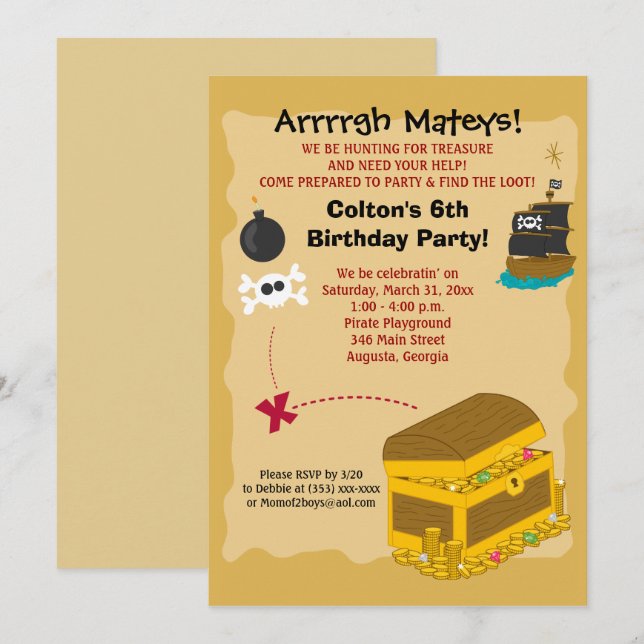 Pirat Boy's Birthday Call 5x7 Inbjudningar (Fram/baksida)