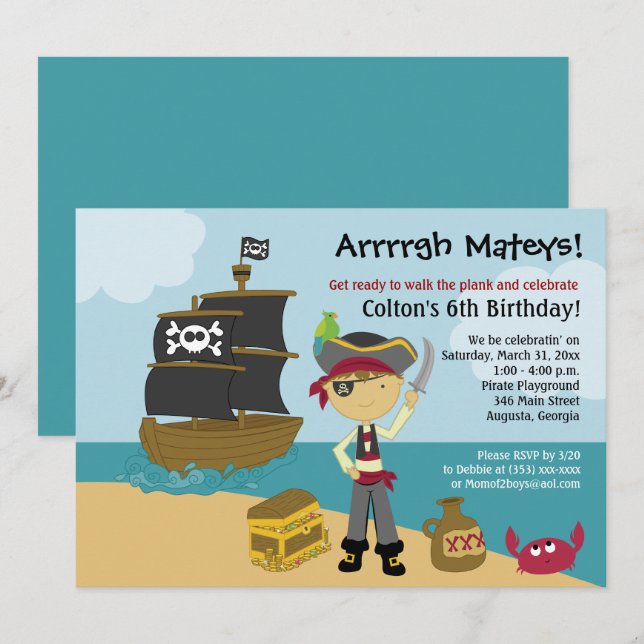 Pirat Boy's Birthday Call 5x7 Inbjudningar (Fram/baksida)
