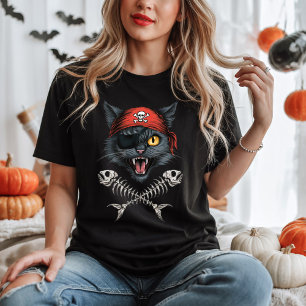 Pirat Cat Kitten Skull Crossbone Halloween Black T Shirt