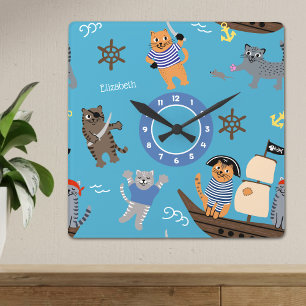 Pirat Cat Mönster för Boy and Girl Kids Fyrkantig Klocka