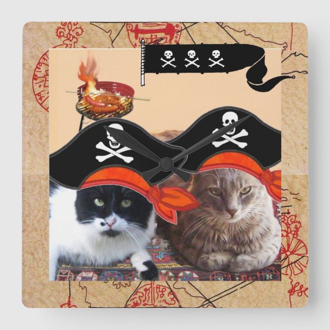 PIRAT CATS ANTIQUE PIRATER TREASE KARTOR OCH FLAGG FYRKANTIG KLOCKA (Framsida)
