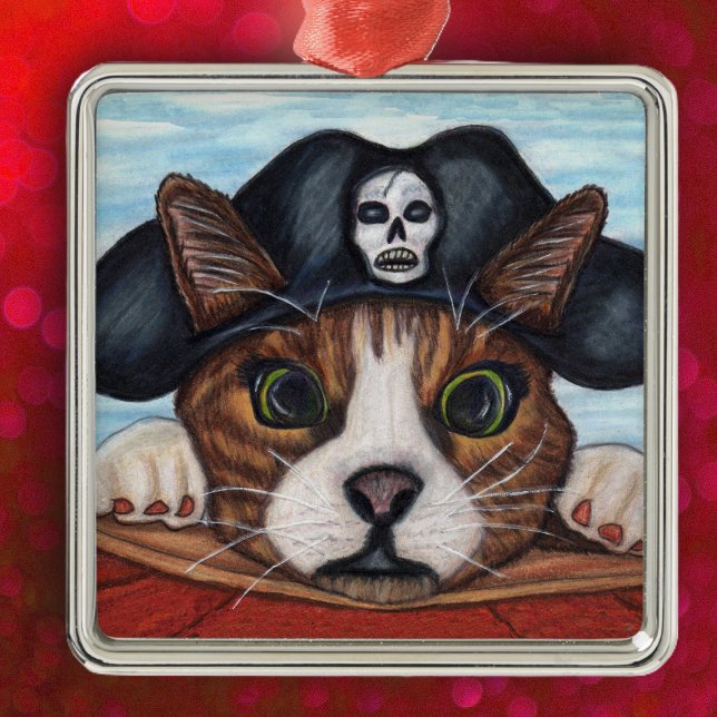 Pirat Cute Surprisad katt Julgransprydnad Metall (cute green eyes cat hanging on boat wearing black pirate hat on hanging ornament.)