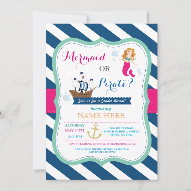 Pirat eller Sjöjungfru Baby Shower Reveal Inbjudan (Framsida)