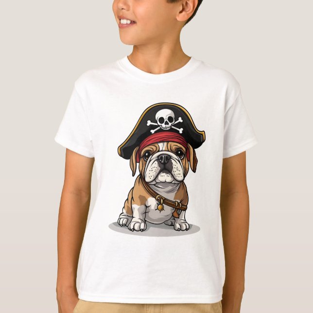 Pirat English Bulldog Skull Crossbone T Shirt (Framsida)