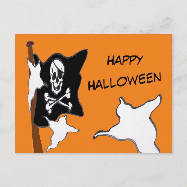 Pirat Flagga & Spöken Tecknad Halloween-vykort Vykort (Framsida)