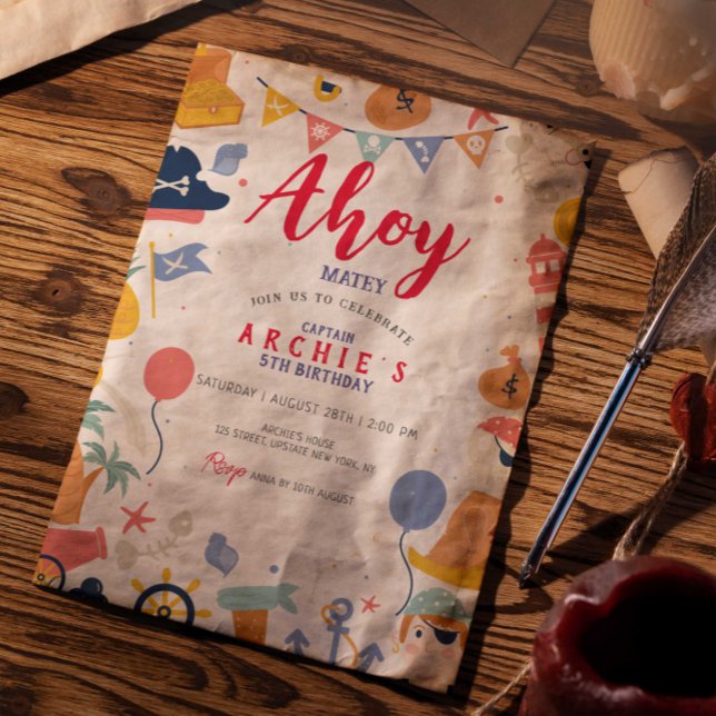 Pirat födelsedagsfest Ahoy matey Boy Inbjudningar (Ahoy Pirate Birthday Invitation Template Editable Digital)