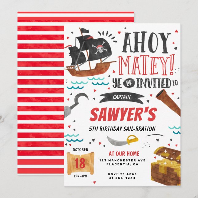 Pirat födelsedagsfest Barninbjudan Inbjudningar (Fram/baksida)