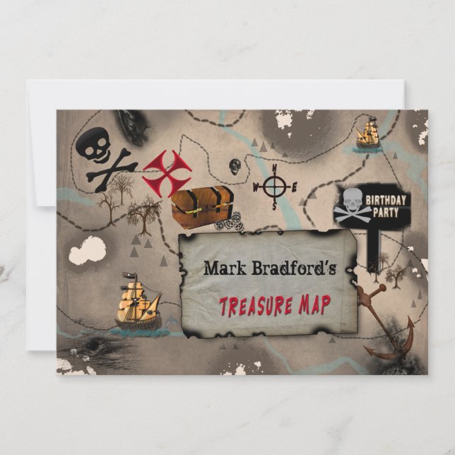 PIRAT FÖDELSEDAGSFEST INBJUDAN - TREASURE KARTA (Framsida)