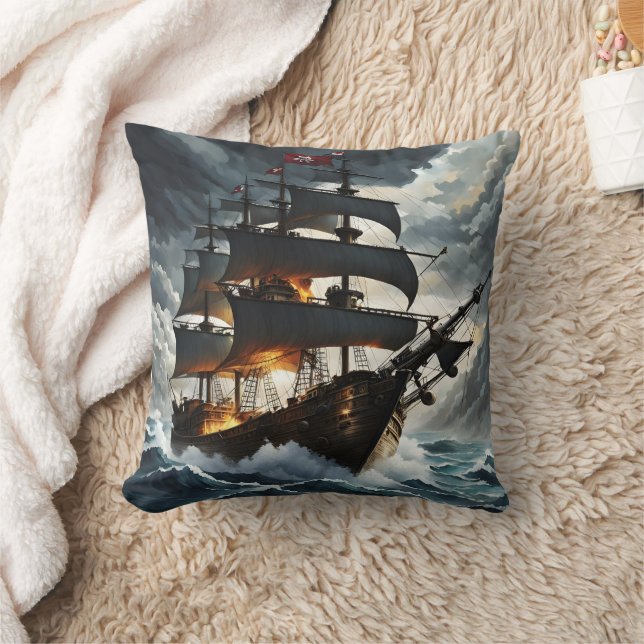 Pirat Frakt Battling Stormy Seas at Dusk Kudde (Filt)