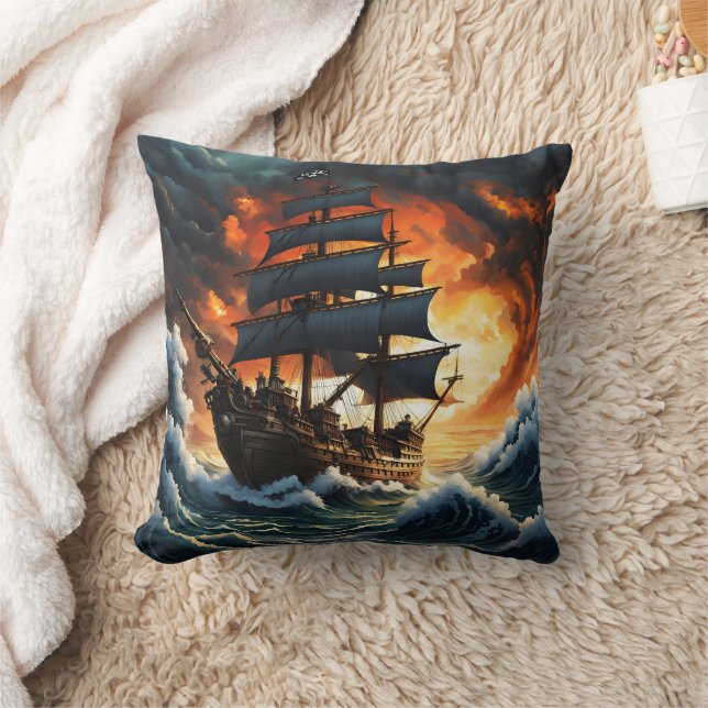 Pirat Frakt Battling Stormy Seas vid Sunset Kudde (Filt)