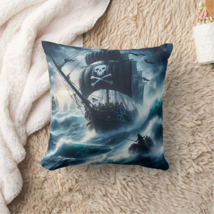 Pirat Frakt Battling Stormy Seas vid Twilight Kudde