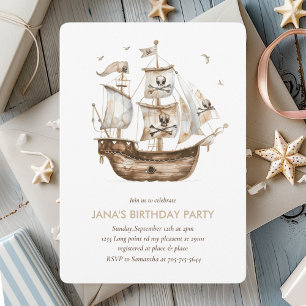 Pirat Frakt Brown Nautical Themme Birthday Inbjudningar