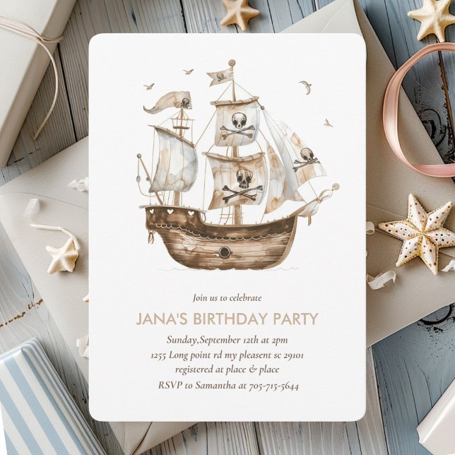 Pirat Frakt Brown Nautical Themme Birthday Inbjudningar (Skapare uppladdad)