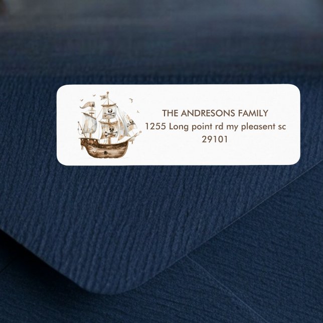 Pirat Frakt Brown Nautical Themme Birthday Returadress Etikett (Skapare uppladdad)