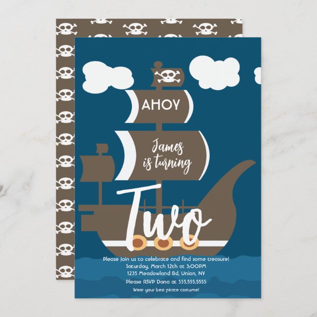 Pirat Frakt födelsedag Ahoy Party vid alla åldrar  Inbjudningar (Fram/baksida)