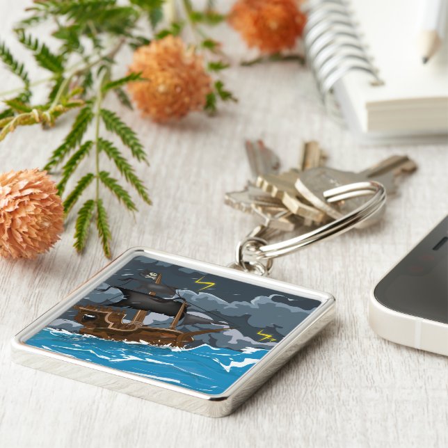 Pirat Frakt i Storm Fyrkantig Silverfärgad Nyckelring (Sidan)