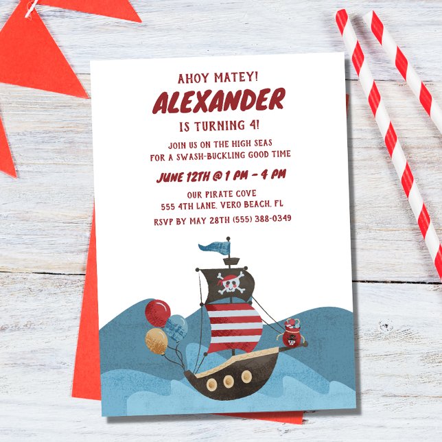 Pirat Frakt Nautical Ahoy Boy Födelsedagsfest Inbjudningar (Pirate Ship Nautical Ahoy Boy Birthday Party Invitation
)
