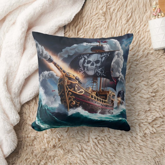 Pirat Frakt som seglar genom Stormy Seas vid Dusk Kudde (Filt)