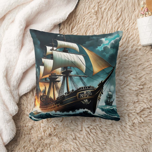 Pirat Frakt som seglar genom Stormy Seas vid Dusk Kudde (Filt)