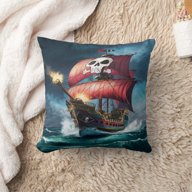 Pirat Frakt som seglar genom Stormy Seas vid Dusk Kudde (Filt)