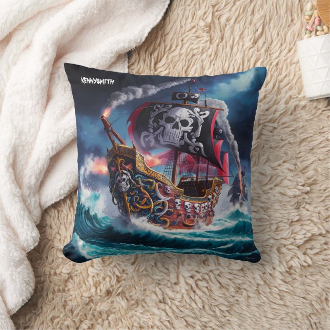 Pirat Frakt som seglar genom Stormy Seas vid Dusk Kudde (Filt)