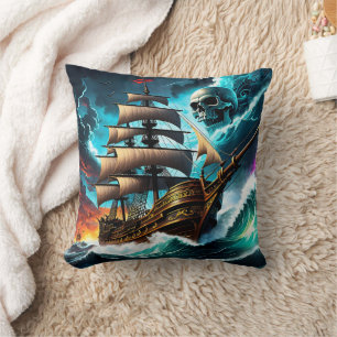 Pirat Frakt som seglar genom Stormy Seas vid Dusk Kudde