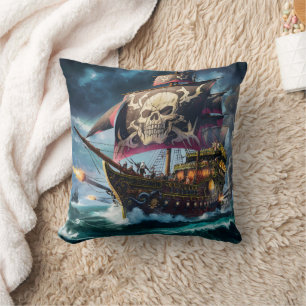 Pirat Frakt som seglar genom Stormy Seas vid Dusk Kudde