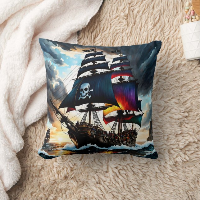 Pirat Frakt som seglar genom Stormy Seas vid Dusk Kudde (Filt)
