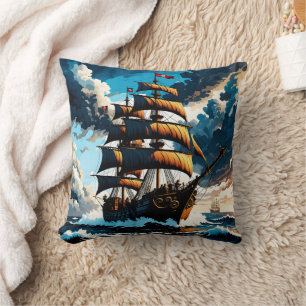 Pirat Frakt som seglar genom Stormy Seas vid Dusk Kudde
