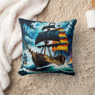 Pirat Frakt som seglar genom Stormy Seas vid Dusk Kudde