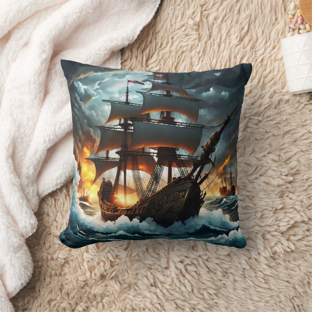 Pirat Frakt som seglar genom Stormy Seas vid Dusk Kudde (Filt)