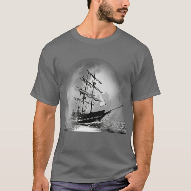 Pirat Frakt som seglar ut ur Fog Måne T Shirt (Framsida)
