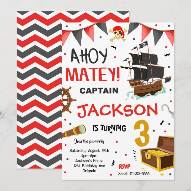 Pirat Frakt Treasure Birthday-inbjudan Inbjudningar (Fram/baksida)