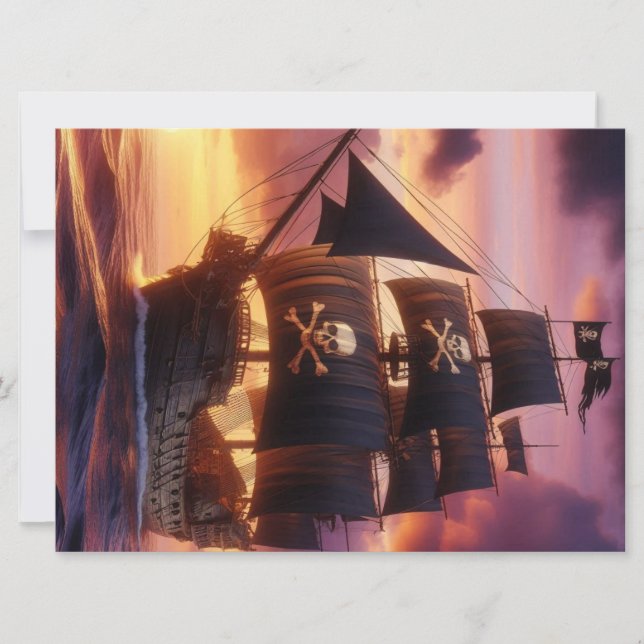 Pirat frakt vid soluppgång/solnedgång julkort (Framsida)