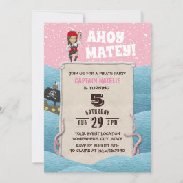 Pirat Girl Octopus Ahoy Matey Födelsedagsfest Inbjudningar