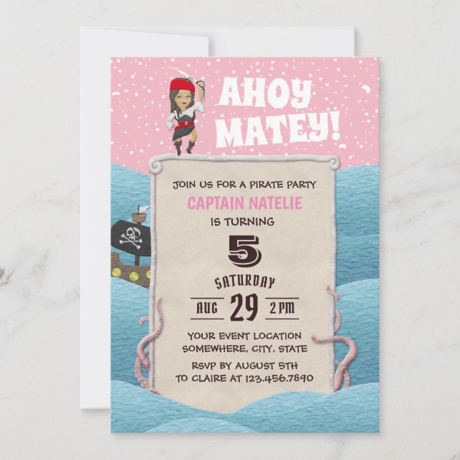 Pirat Girl Octopus Ahoy Matey Födelsedagsfest Inbjudningar (Framsida)