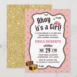 Pirat Girl Rosa & Guld Äventyr Karta Baby Shower Inbjudningar